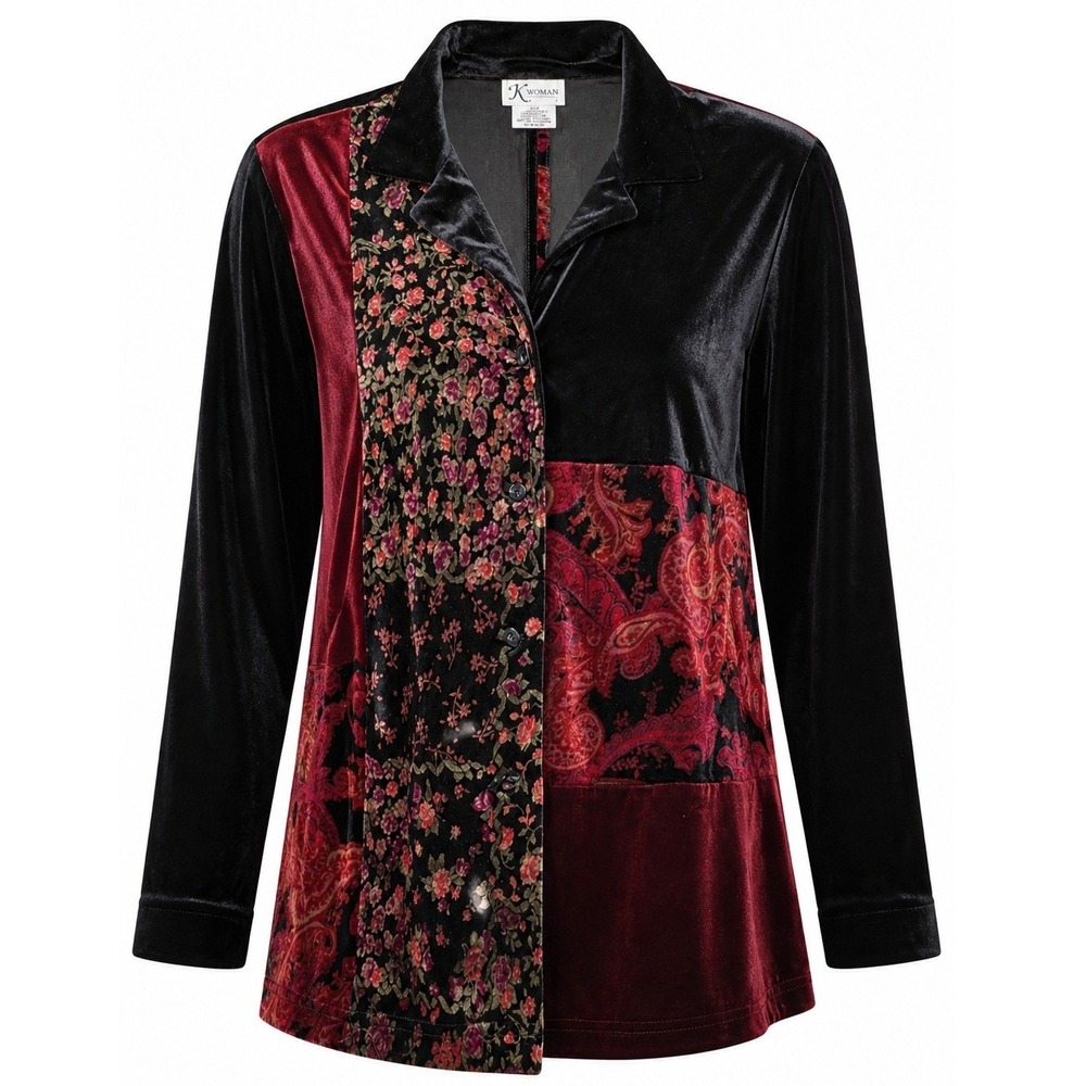 K Woman Velvet Patchwork Blouse 24W Black Burgundy Floral‎ Paisley Button Down
